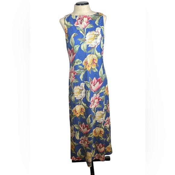 Ralph Lauren Blue Floral Sleeveless Maxi Dress. 100% Linen. Size 6. Quiet Luxury - Picture 1 of 14